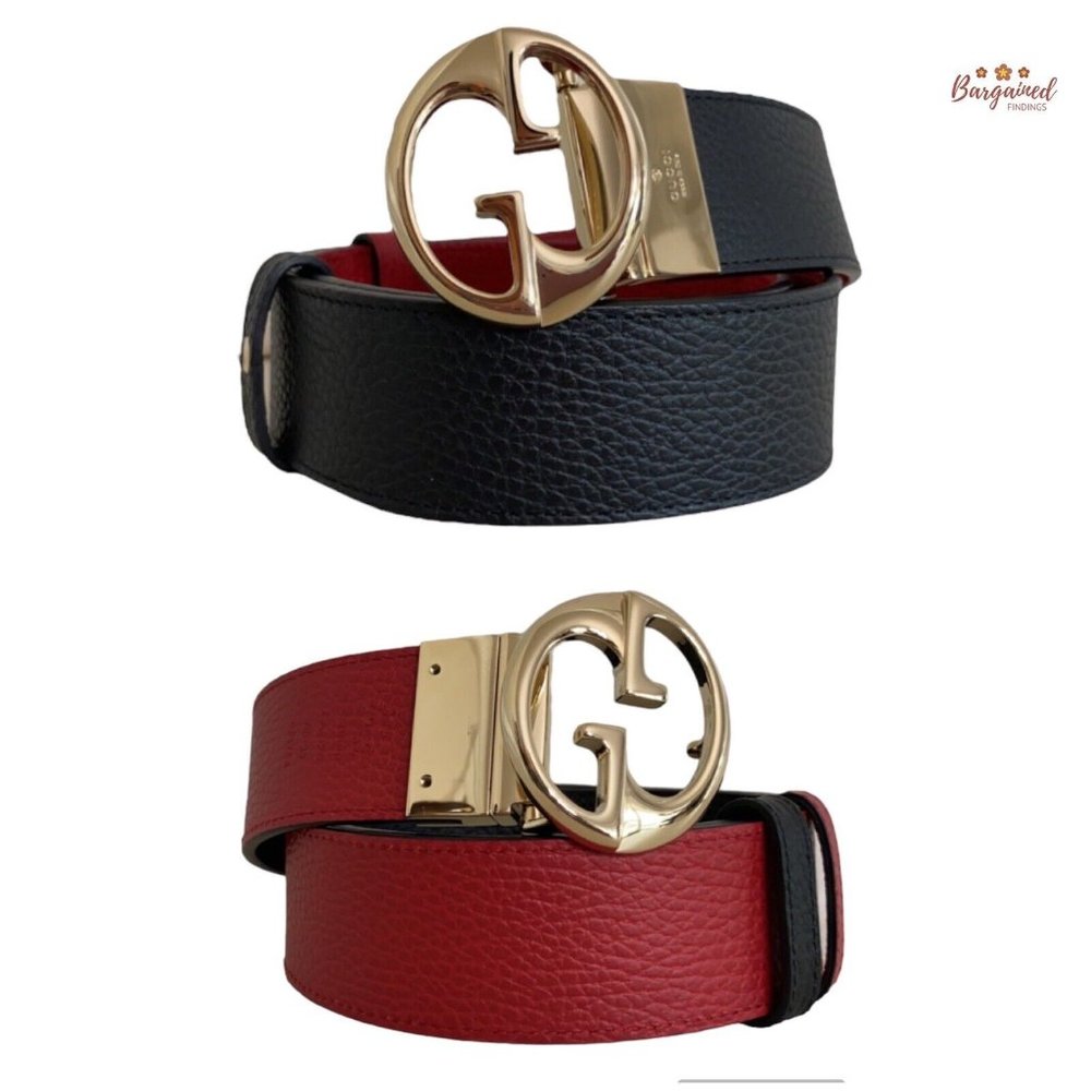 Authentic Gucci Black/Red Pebbled Calfskin 1973 Reversible Buckle Belt 80/32